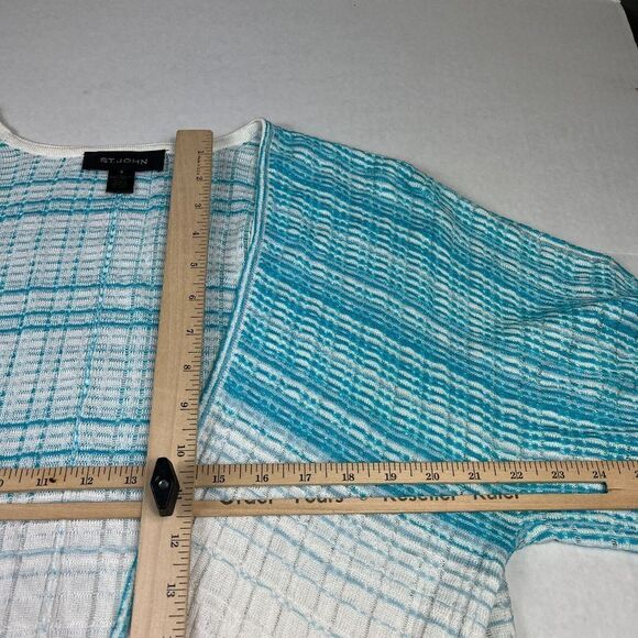 St John Wool Blend Long Cardigan Blue Ivory 3/4 Sleeve Open Front Sweater SMALL - Picture 7 of 11